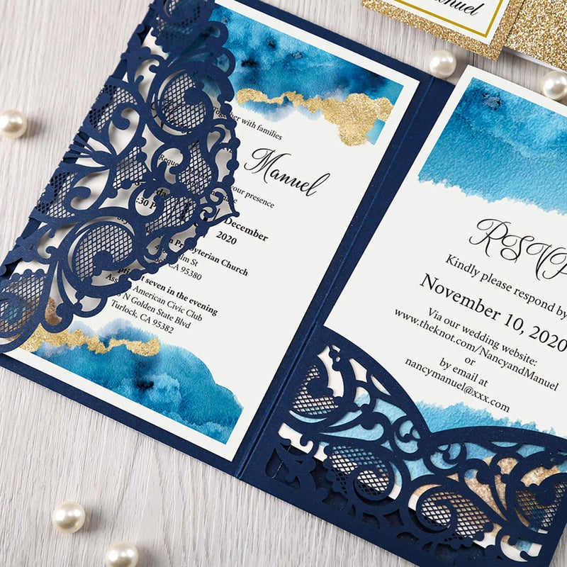 DORIS HOME 50PCS Laser Cut Wedding Invitations with Envelopes and RSVP Cards BLANK Inner With Gold Glitter Belly Band for Wedding Engagement Bridal Shower Party Invite 4.7x7 Inch Navy Blue - Image 3